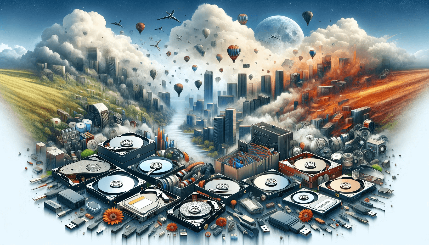 Surreal tech-themed landscape with city and nature elements.