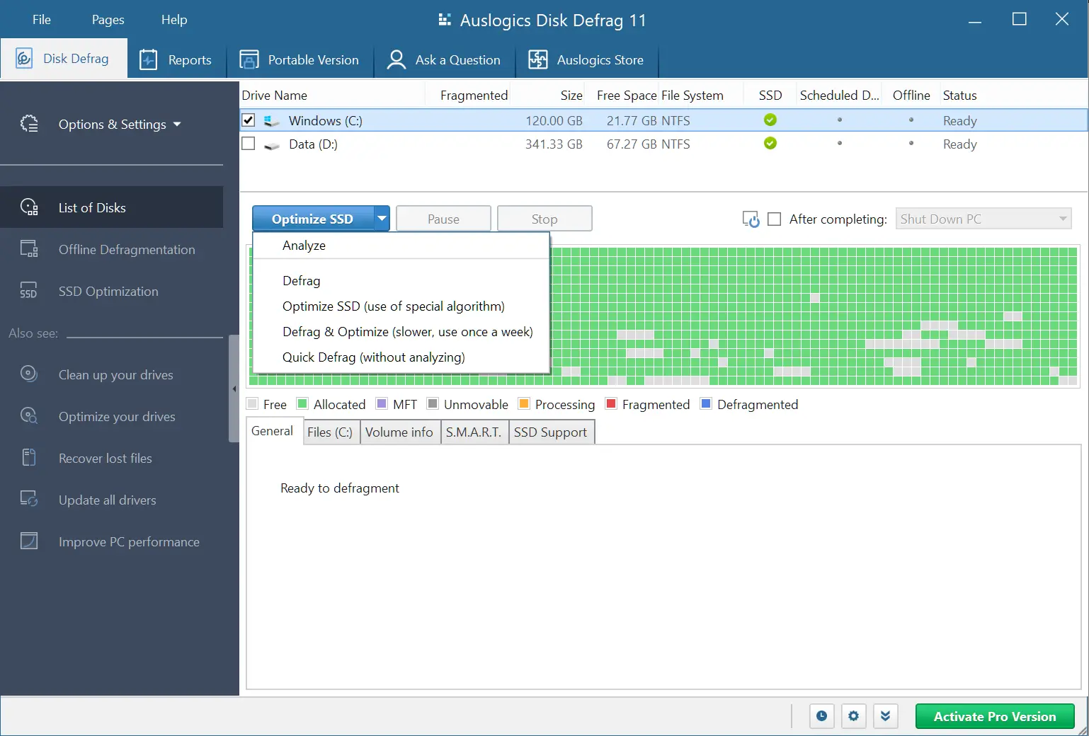 Auslogics Disk Defrag software main interface window