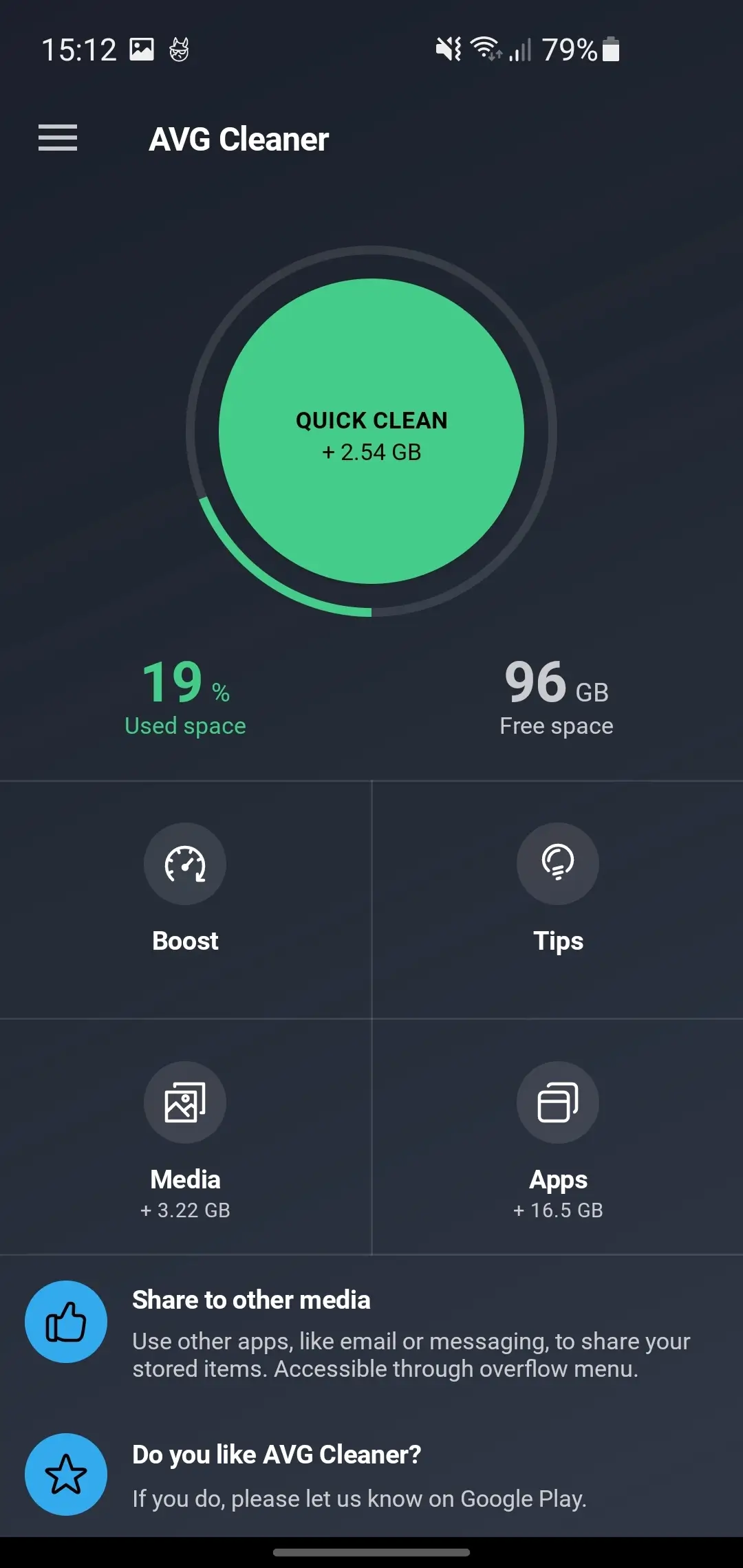 AVG Cleaner app dashboard with storage stats and options.