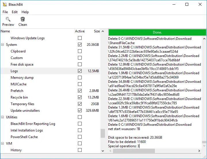 BleachBit software cleaning system files and logs.