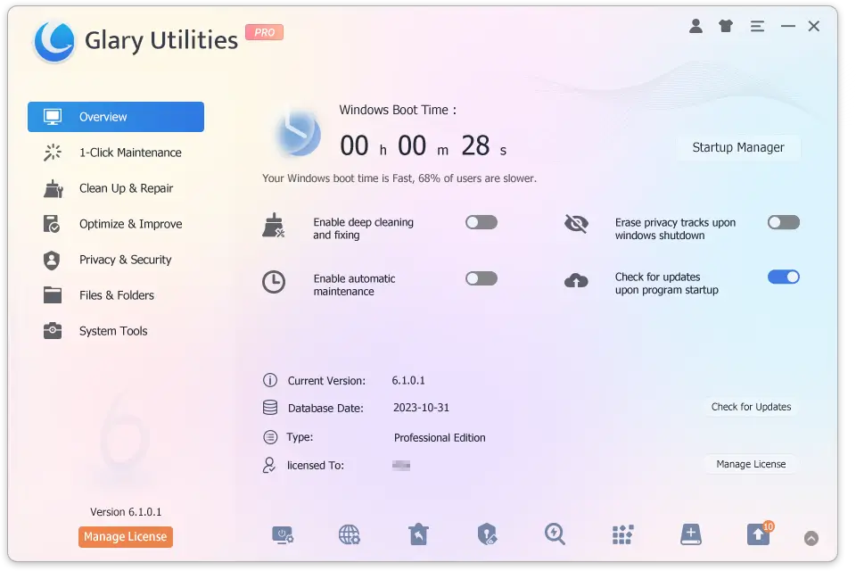 Glary Utilities Pro overview and settings screen