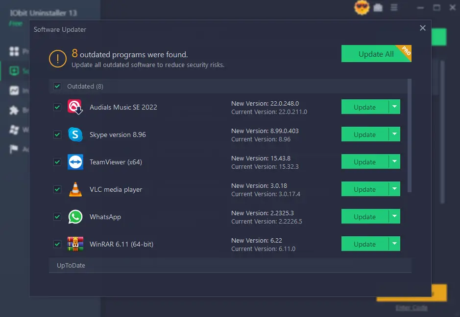 Software updater showing 8 outdated programs.