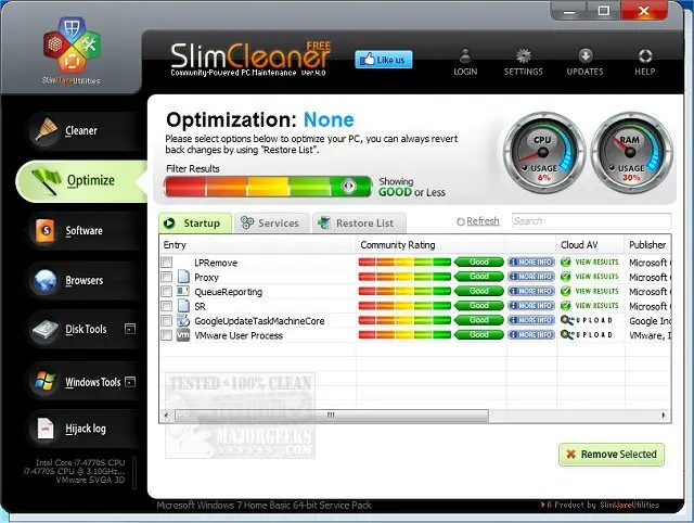 SlimCleaner PC optimization software interface screenshot.