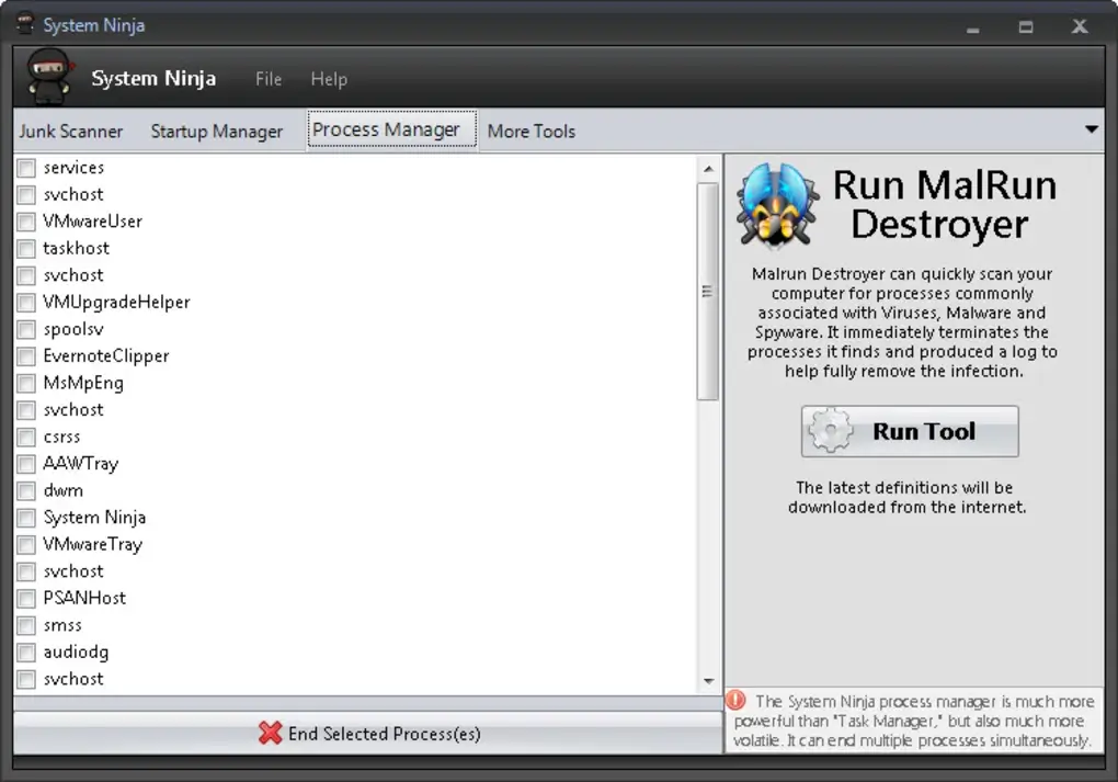 System Ninja app with MalRun Destroyer
