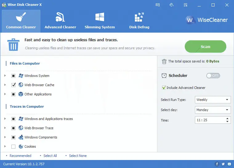 Wise Disk Cleaner interface with cleaning options and scheduler.
